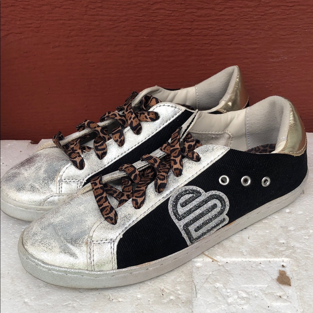 Justice Sport Girls Silver and Black Sneakers with Leopard Laces Sneakers Size 5
